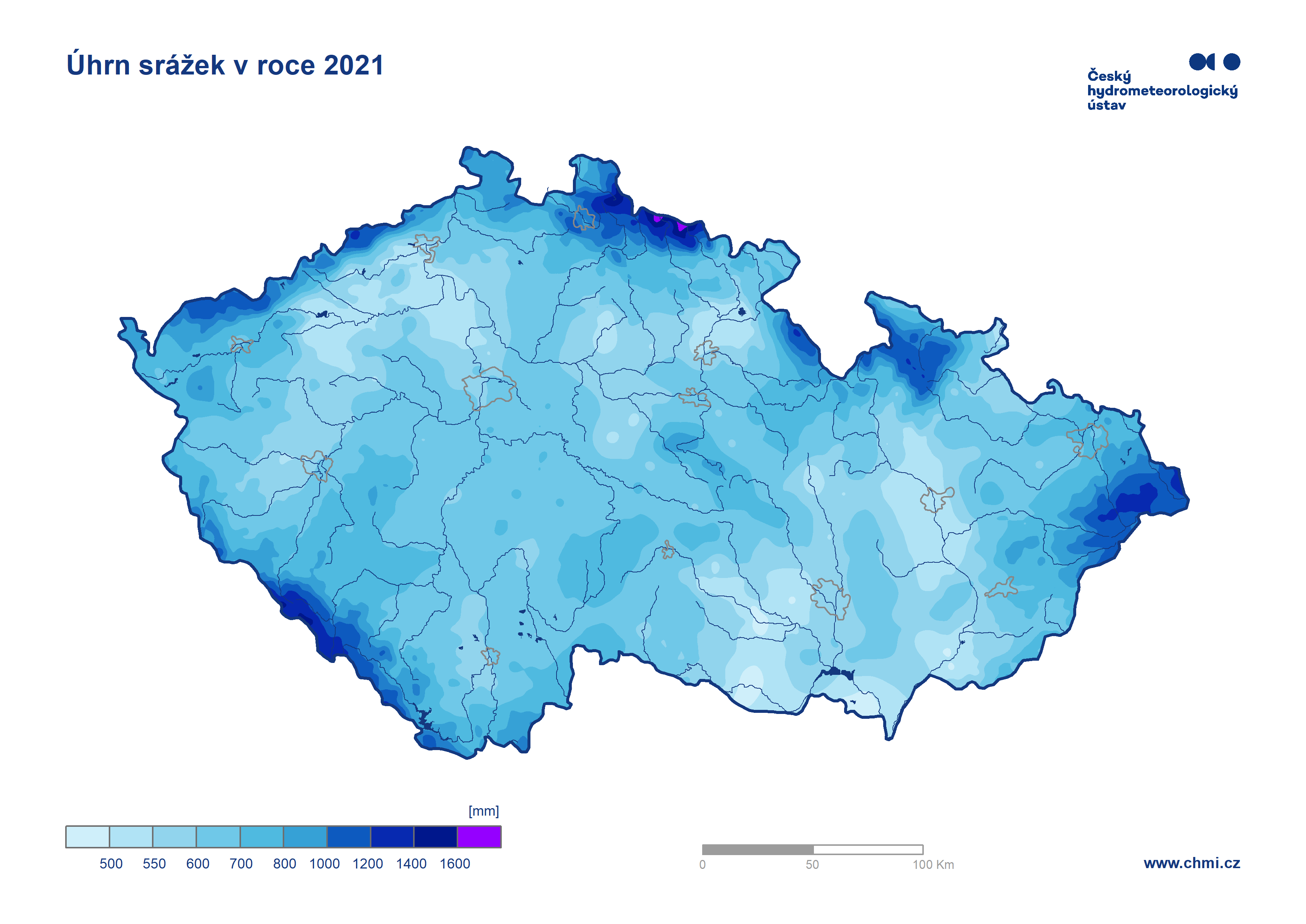 Úhrn srážev v ČR za rok 2021